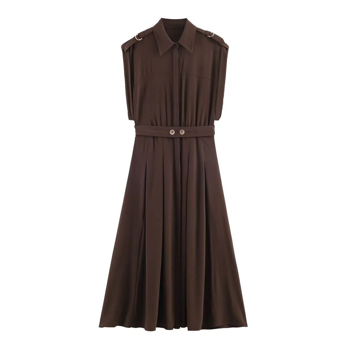 Women's Fashion Midi Dress Brown Sleeveless Shirt Dress For Women Shoulder Details Buttoned Waist Button Elegant For Wear PS9Y