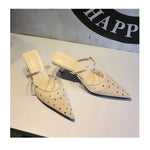 BIGTREE Crystal Mesh Fabric Pointed Toe Slippers Women Sexy Elegant Buckle Strap Party Prom Thin Low Heels Mule Shoes