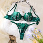 Exclusive green embroidery lingerie set for dates. Sexy see-through chiffon bra. High-end sensual women's underwear ZA824031