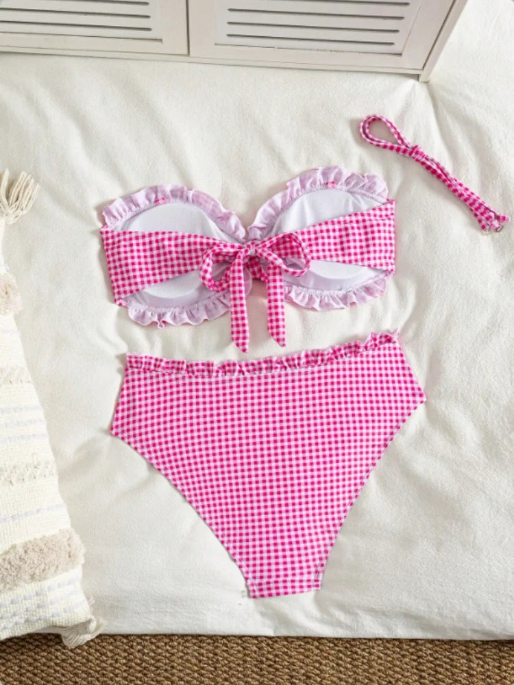 Vintage Coffee Plaid Print Bikini Set Women Bandeau Front Tie Push Up Bra High Waist Swimwear 2026 Beach Bathing Suit Swimsuit