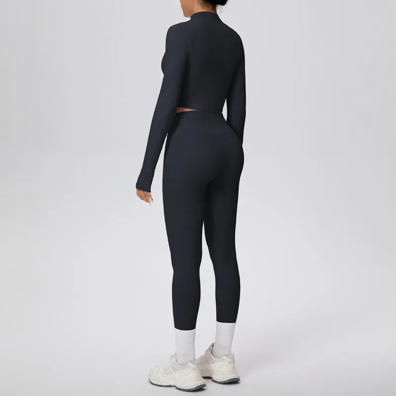 New Women Yoga Set Solid Color Double-Sided Brushed Bare Feel Short Long-Sleeve Jacket Tight Pants Running Fitness 2-Piece Set