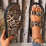 New Leopard Double Buckle Sandal for Woman Fashion 2025 Med Heel Flat Sandals Women Summer Non Slip Platform Sandal Female