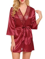 Women Sexy Lace Satin Robe Sleepwear Short Nightgown Kimono Bathrobe Lingerie Nighty Dress Soft Comfortable Black Plus Size