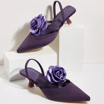 2025 Large Size 43 Summer Women's Pointy Toe Kitten Heels Slingback Pumps Elegant Satin Sandal Rose Flower Office Lady Shoes