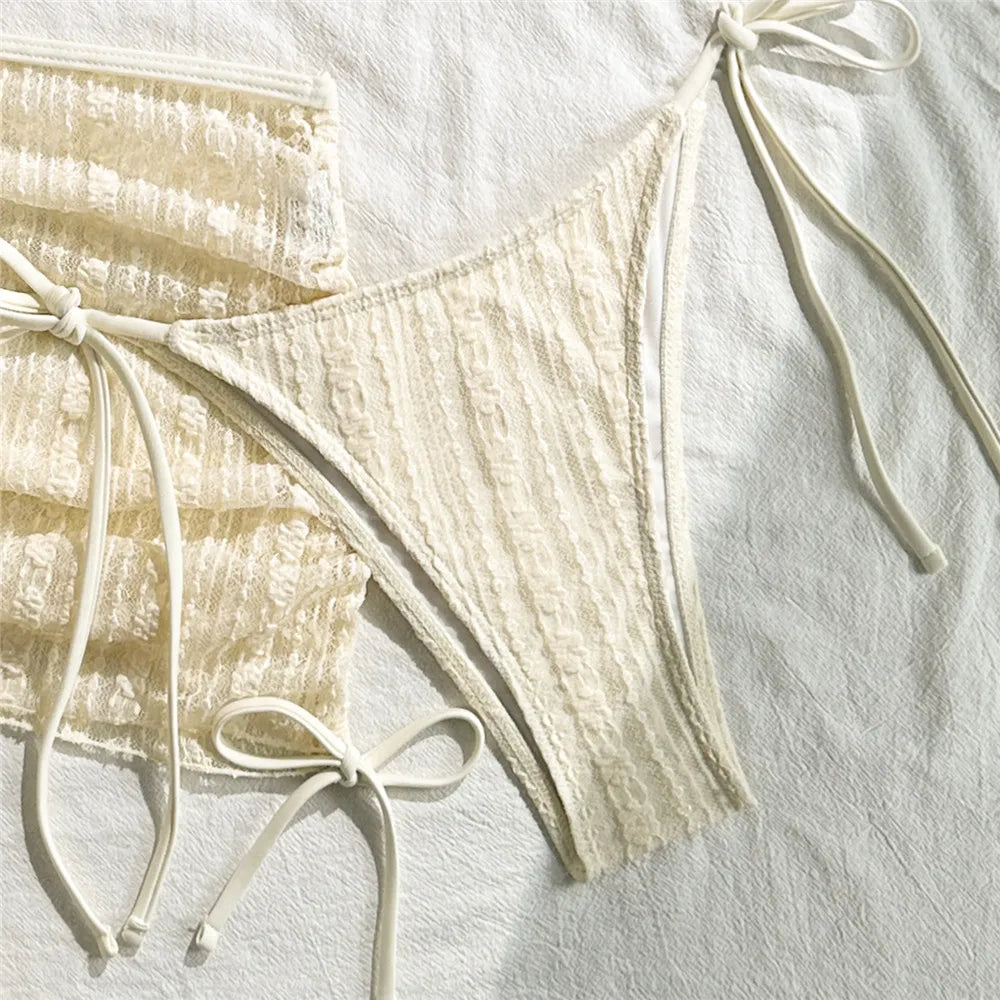 Beige Mesh Cover Ups Swimwear Halter String Triangle Bikinis Sets 3 Pieces Micro Thong Sexy Swimsuit Women 2026 Bathing Suit