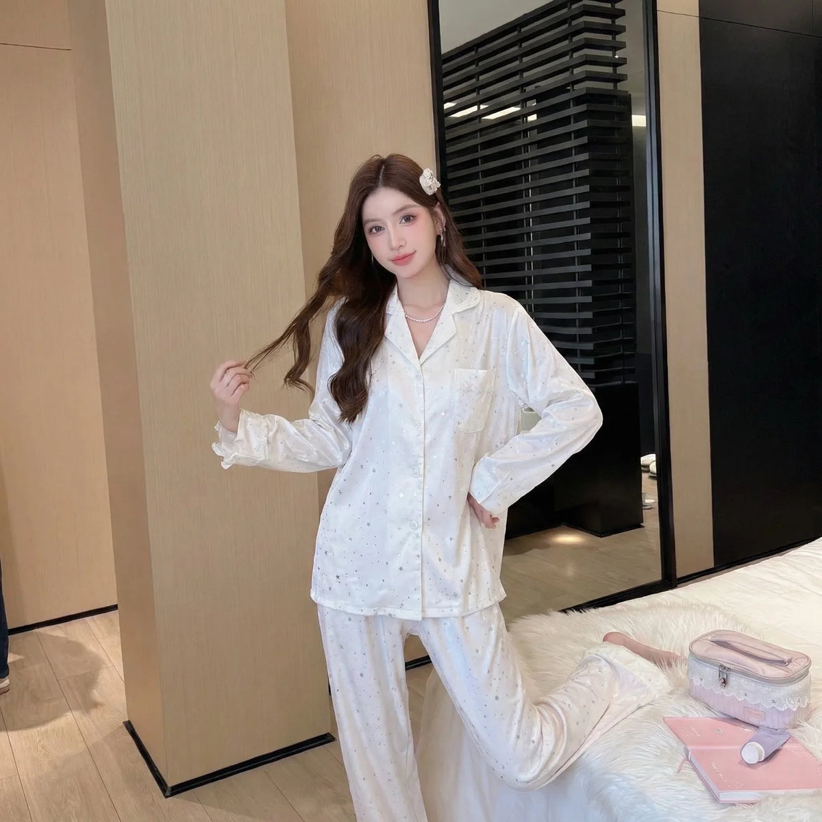 Spring and Autumn Ice Silk Long Sleeve Pajamas New Sweet Five-Pointed Star Homewear Set