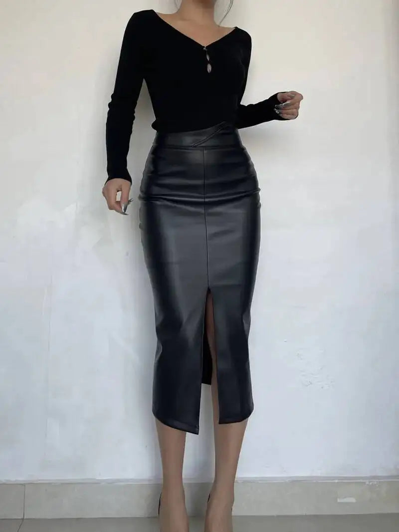 Sexy One Step Split PU Leather Half Skirt For Women's New High Waisted Slim Streetwear Black PU Fashion Womne Mini DressYTM8