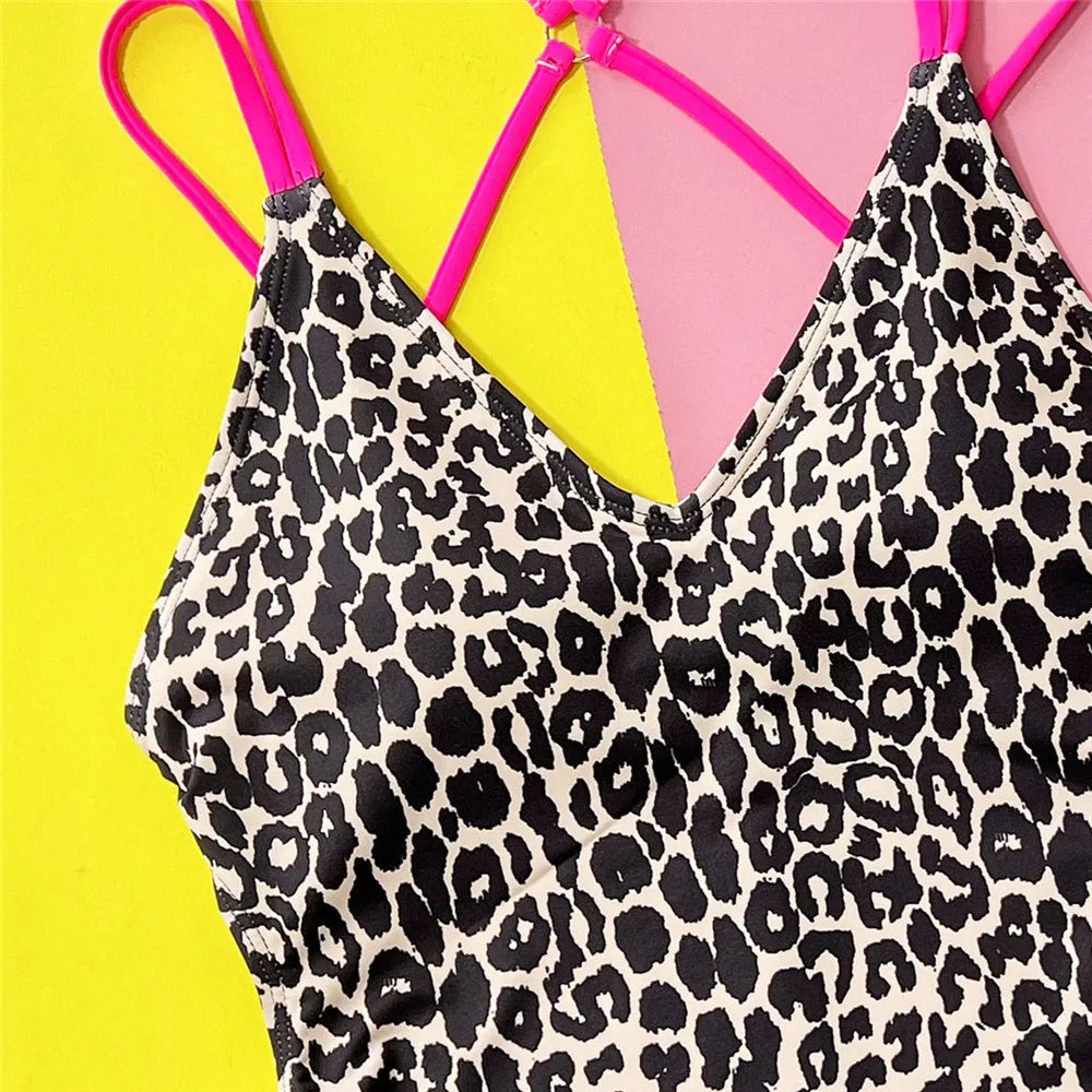 Leopard Print Backless Sexy Swimsuit Women One Piece Swimwear Back String Cross Bather High Cut Monokini Bathing Swimming Suit
