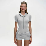 FDYOUI Women's Polo Collar Zip-up Jumpsuit Dress Chic Short Sleeve Folds Solid Bodysuits One Piece Yoga Fitness Sporty Playsuits