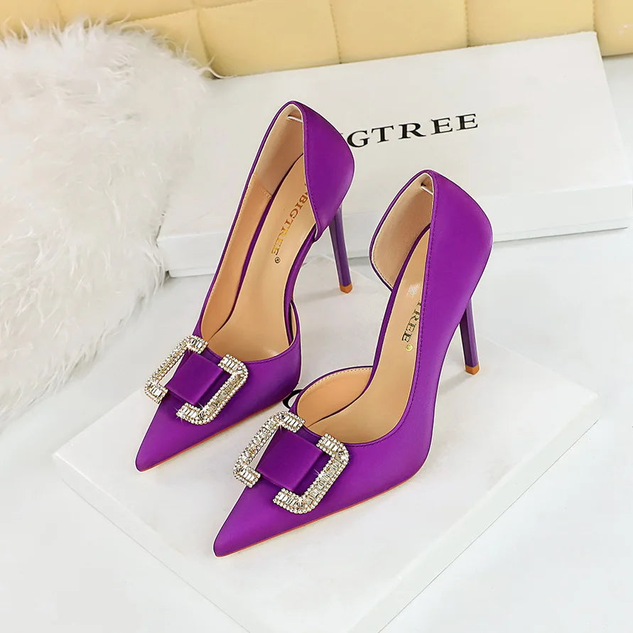 BIGTREE Pumps Elegant Pointed Crystal Buckle Slim High Heel Single Shoes Women Silk Spring/Summer High Heel Pumps Wedding Dress