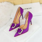 BIGTREE Pumps Elegant Pointed Crystal Buckle Slim High Heel Single Shoes Women Silk Spring/Summer High Heel Pumps Wedding Dress