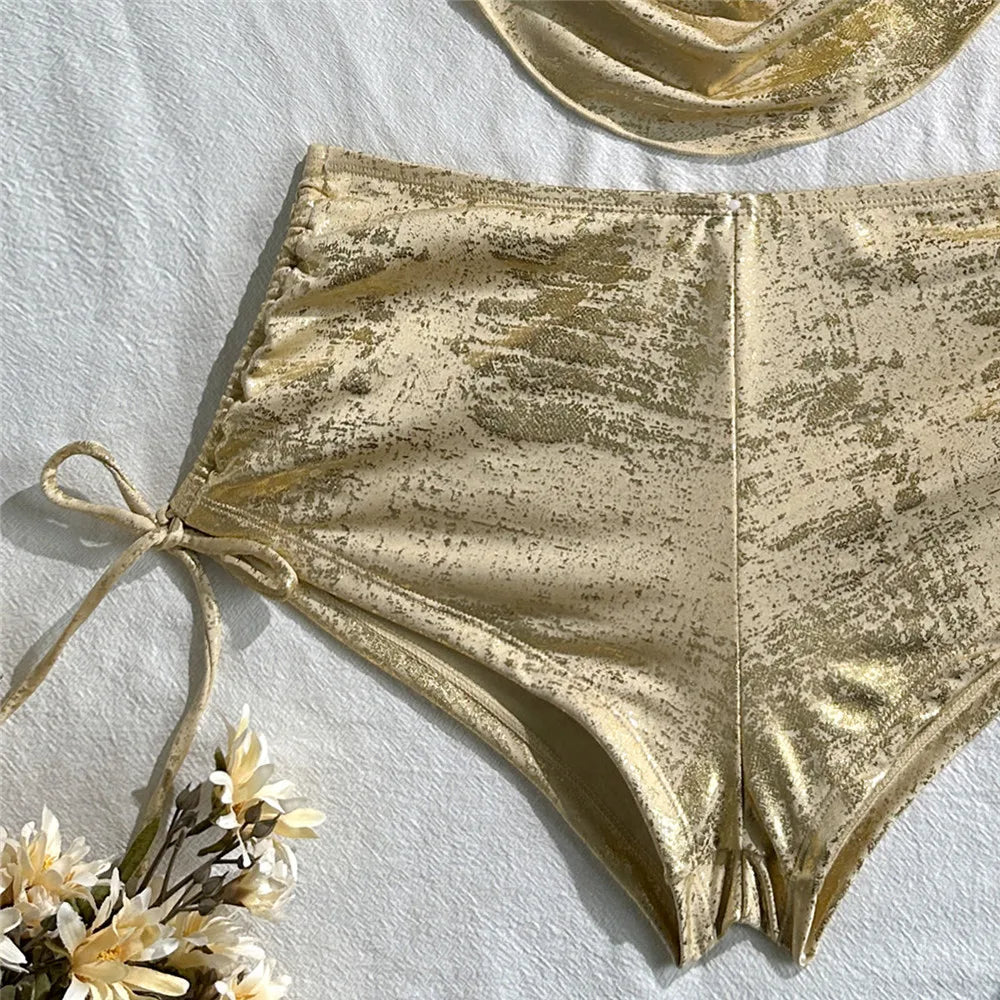 Gold Shiny String Halter Sexy Bikini 2026 Woman Bottom Shorts Swimsuit Metal Ring Holiday Swimwears Bathing Suit Bikinis Sets