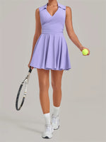Summer Women Solid Tennis Dresses Sleeveless Turn Down Collar Pleated Skirts with Detachable Pocket Shorts Slim Yoga Golf Dress