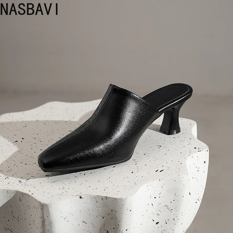 NASBAVI New Breathable Hollow Slippers Stone Pattern Leather Pumps Women Chunky Heels Mules Black Dress Shoes Big Size 45 46 47