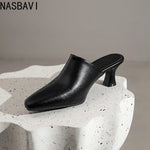NASBAVI New Breathable Hollow Slippers Stone Pattern Leather Pumps Women Chunky Heels Mules Black Dress Shoes Big Size 45 46 47