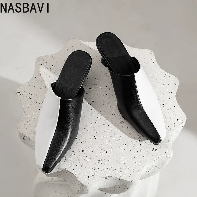 NASBAVI New Breathable Hollow Slippers Stone Pattern Leather Pumps Women Chunky Heels Mules Black Dress Shoes Big Size 45 46 47
