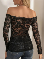 European and American elegant scalloped neckline, off-the-shoulder lace slim fit T-shirt long-sleeved top