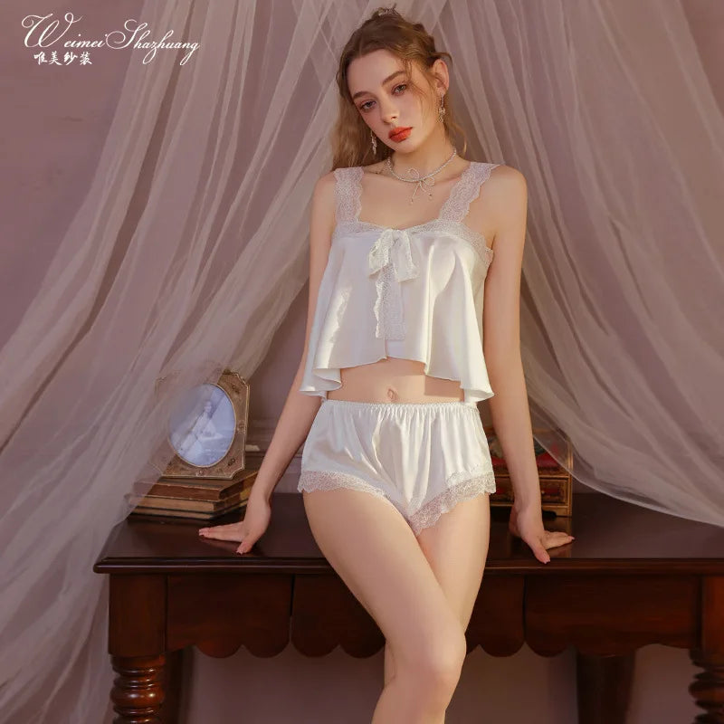 Pure Desire Home Wear Set New Sweet Style Camisole Shorts Pajamas Thin Sexy Ice Silk Home Wear Two-Piece Casual Style Sets N5GK