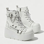 Size 42 Gothic Black Platform Creepers Shoes White Smooth Faux Leather Goth Creepers E-girl Chunky Lace Up Lolita Casual Shoes