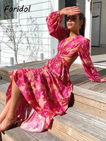 Waist Cut Out Backless Sexy Summer Maxi Dress Elegant Deep V Neck Holiday Long Dress Red Black Boho Floral Dress Women 2025