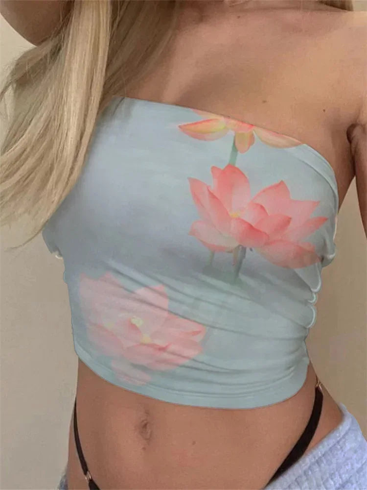 Women's Floral Print Tube Tops Summer Strapless Bandeau Tops Slim Fit Cropped Tank Shirts Streetwear