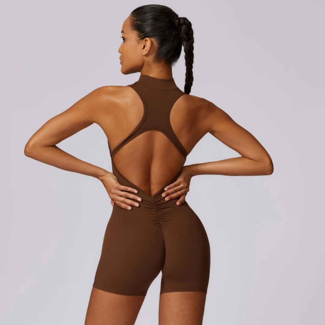 Solid Scrunch Back Waist Tight Yoga Jumpsuit Short Set Women Zipper Playsuit Gym Sportswear Fitness One Piece Sport Suit Workout