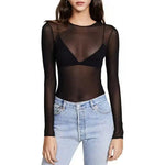 See-through Black Mesh Pullover Tops Women Sexy Skinny Tops O-Neck Long Sleeve Transparent Punk Club Tee Shirt