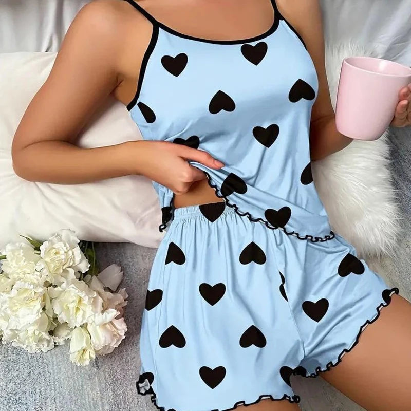 Women's Sleepwear Pajama Set Pajamas T-Shirts Shorts Pink Heart-Shaped Print T-Shirt Ice Silk Top Comfortable loungewear