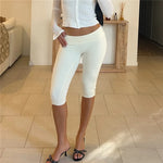 Y2K Low Waist Fold-Over Capri Leggings Solid Color Women High Stretch Slim Fit Knee Length Pants Streetwear Casual Summer Outfit