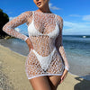 Women Sheer Mesh Long Sleeve Beach Cover Up, Sexy See-Through Fishnet Dress, Solid BodyconFor Summer Beach Party