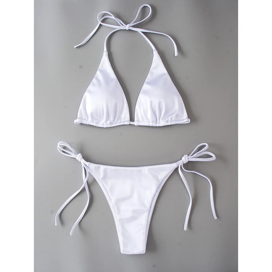 Sexy 13 Colors Halter Satin Brazilian Bikini Women Swimwear Female Swimsuit Two-pieces Bikini set Bather Bathing Suit Swim V4966