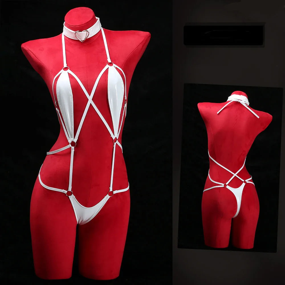 Women Patent Leather Harness Lingerie with Heart Choker Open Back Crotch Less Erotic Bodysuit Intimate Club Wear for Night Party
