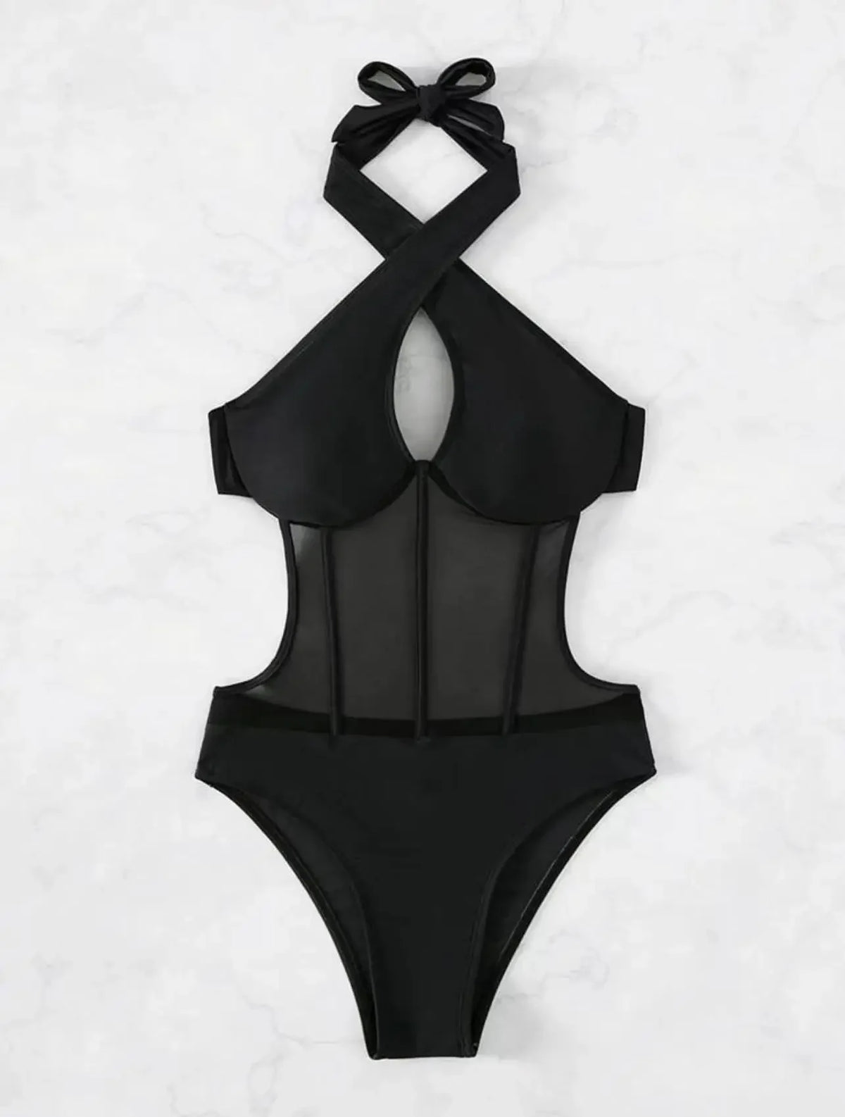 Sexy See Through One Piece Swimsuit 2025 Women Halter Corss Underwire Tummy Control Swimwear Solid Black Hot Pink Bathing Suits