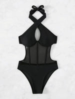 Sexy See Through One Piece Swimsuit 2025 Women Halter Corss Underwire Tummy Control Swimwear Solid Black Hot Pink Bathing Suits