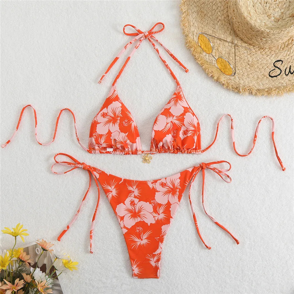 Sexy Rose Red Flower Print Micro Thong Bikini Women Swimwear 2026 String Halter Swimsuit Swimming Wear Triangle Bikinis Sets