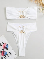 Luxury Metal Designer High Waist Bikinis Sets Women Solid White Black Bandeau Push Up Swimwear 2024 Bathing Suit Thong Swimsuit