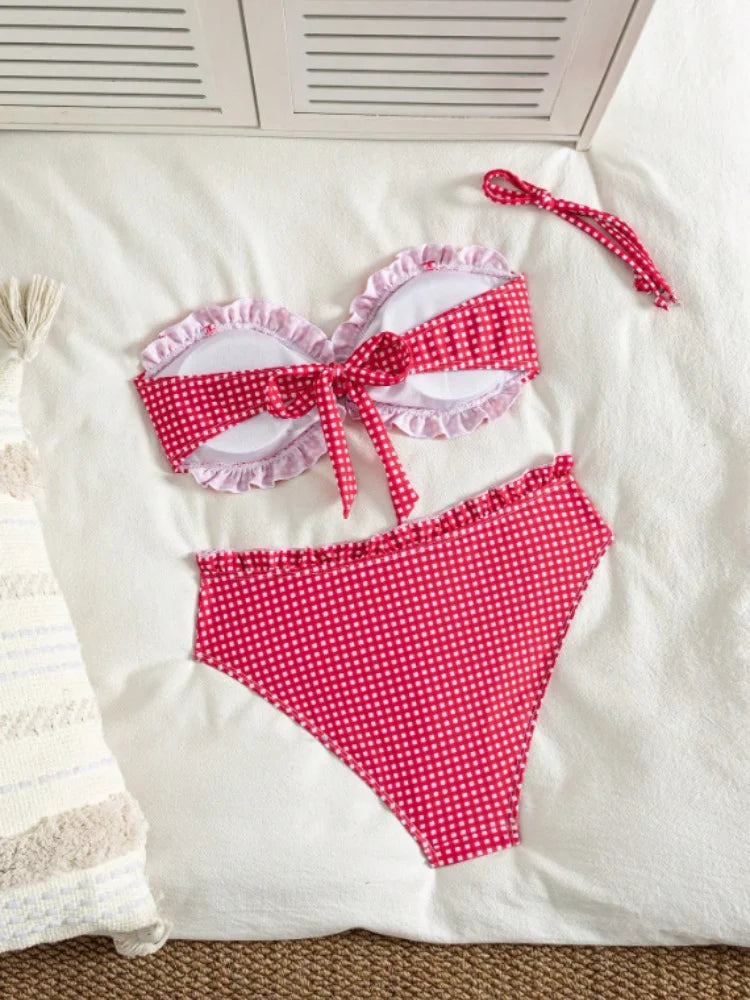 Vintage Coffee Plaid Print Bikini Set Women Bandeau Front Tie Push Up Bra High Waist Swimwear 2026 Beach Bathing Suit Swimsuit