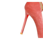 Women 10cm Super High Heels Pointed Toe Side Hollow Work Pumps Metal Crystal Buckle Velvet Stiletto Fashion Banquet Lady Shoes