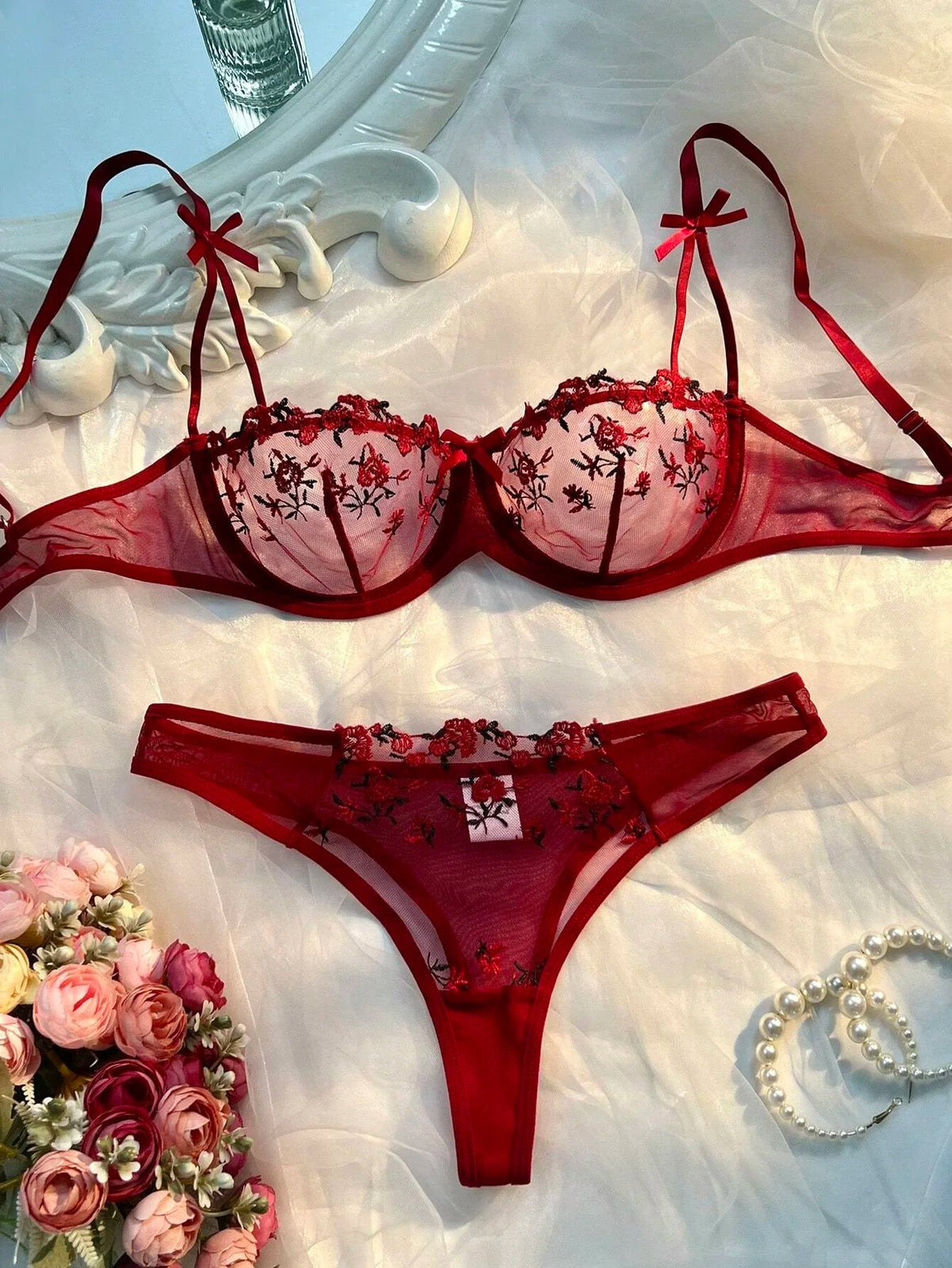 New Pink Bra Women Lingerie Set Ladies Embroidery Floral Bras Underwear Sets