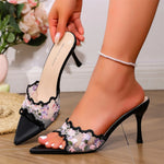 Elegant Floral Embroidery Mesh Mule Slides Shoes Women Wavy Edge Pointed Toe Slip On Thin Stiletto High Heel Sandals