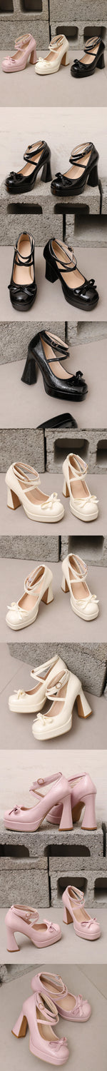 Big Size 45 Women's Sweet Pink Mary Jane 10.5cm High Heels Pumps Lolita Round Toe Bow Cross-Strap Platform Chunky Heel Shoes