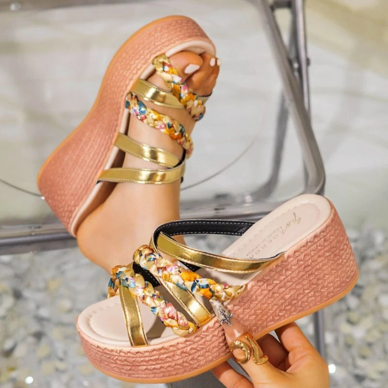 Summer High Heels Large Size Sandals For Women Strap Sloping Heel Thick Soled Roman Sandals