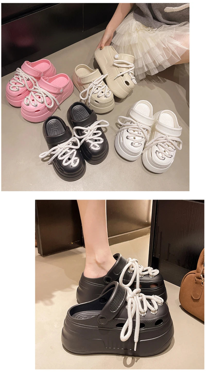 2025 Women Platform Slippers DIY Lace-up Leisure Clogs Summer Garden Shoes Thick Sole Female Home Beach Slides Street Sandals