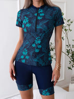 2026 Summer New Women Two-Piece Surfing Suit,fashion Leaf Print Conservative Tankini,Short-sleeve Zipper Swimsuit,beach Swimwear