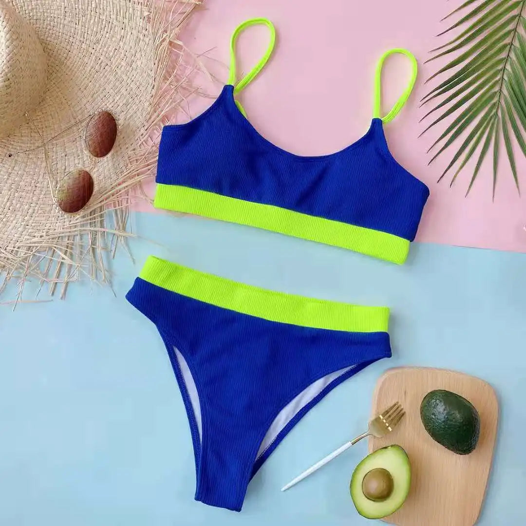 Women High Waisted Bikini Set Color Block Swimsuit 2 Piece High Cut Bathing Suit Cheeky Neon Yellow Swimwear Beach Bathing Suit