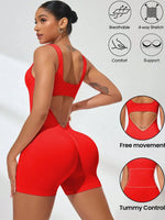 Women's Solid Colour Threaded Backless Yoga Suit U Neck Sleeveless Sports Jumpsuit Stretch Women Bodysuit Without Bust Pads
