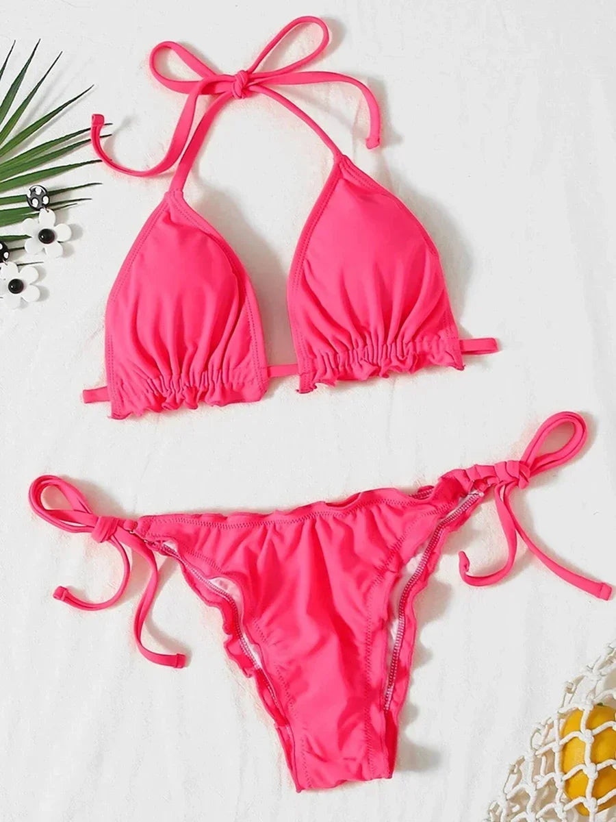 Ribbed Ruffled Frilled Brazilian Bikini Women Swimsuit Female Swimwear Two Pieces Bikini Set Halter String Bathing Suit Swim