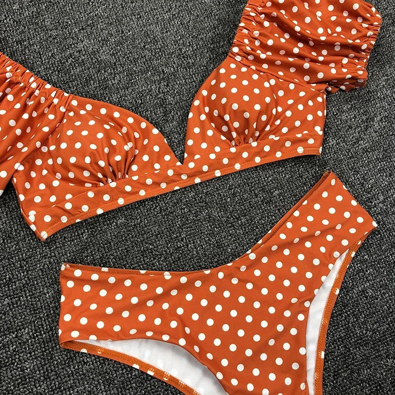 Sexy V Neck Short Sleeve Bikinis Polka Dot Bikini Female Swimsuit Women Swimwear Two-pieces Bikini Set Bather Bathing Suit Swim
