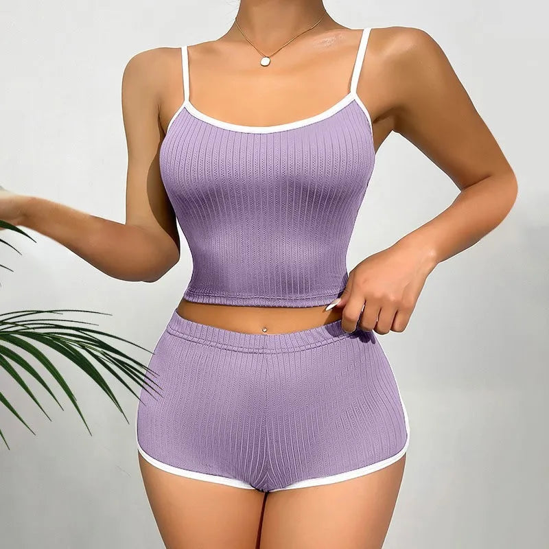2026 New Women's Sleepwear and Home Wear Set Slim Fitting Camisole Shorts Casual and Comfortable Vest Sports Shorts 2-Piece Set