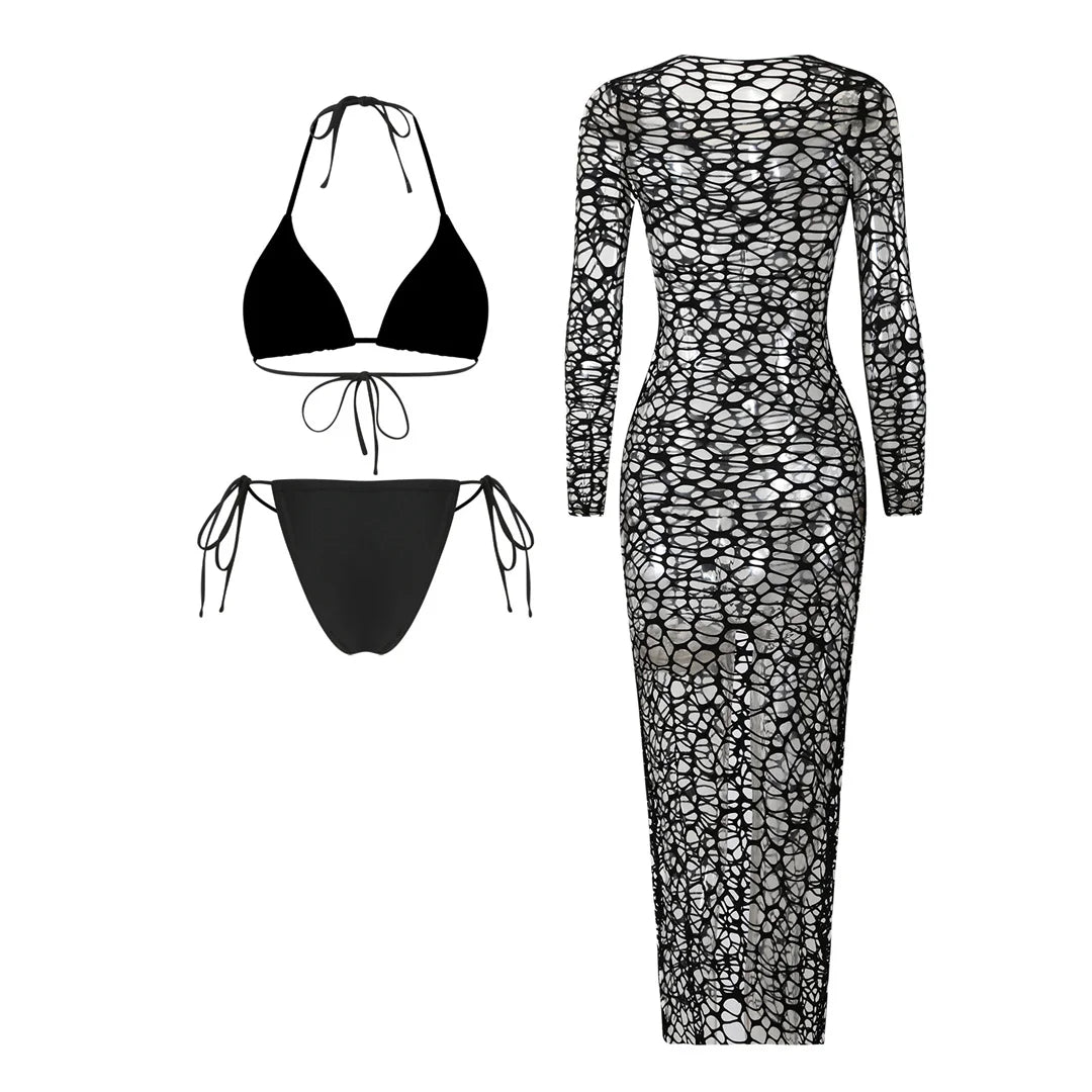 New With Hollow Out Cover Up Halter Bikini Women Swimwear Female Swimsuit Three-pieces Bikini set Bather Bathing Suit Swim V7964